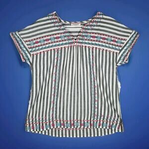 Andree by Unit Top Blouse Women Small Gray Stripe Geo Embroidered